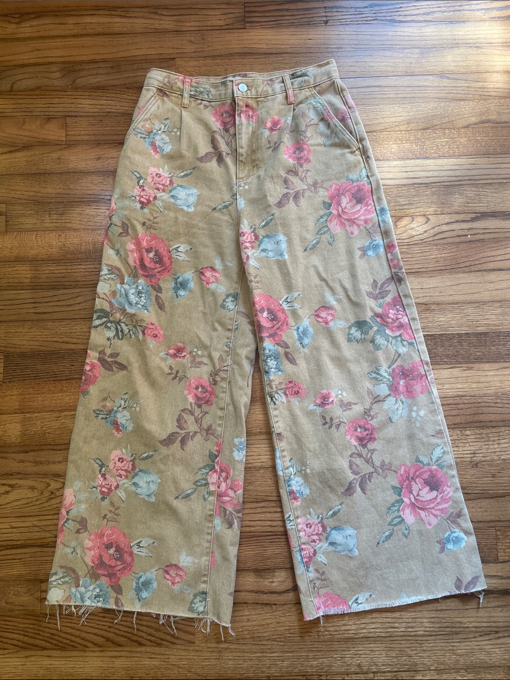 Pilcro Tan Floral-Print High-Rise Wide-Leg Jeans Sz27